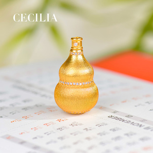 CECILIA珠宝S925银镀18K金拉丝葫芦财神爷吊坠国风新中式挂坠项链