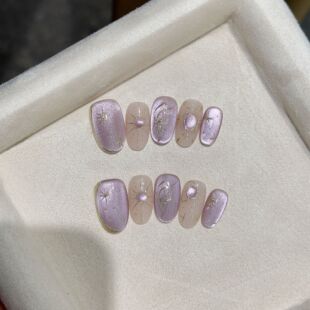 暮光 紫色手绘蝴蝶猫眼爆闪显白纯手工穿戴甲高货精品美甲贴