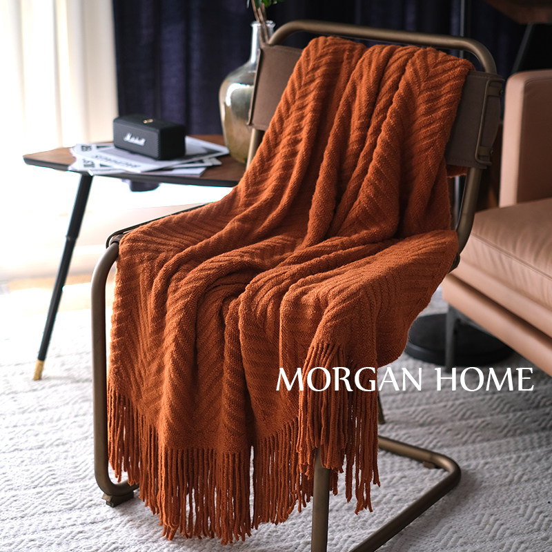 北欧ins美式纯色人字纹提花针织毯沙发盖毯民宿床尾装饰摄影搭巾