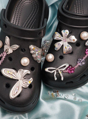 哑光银镶钻花朵蝴蝶适配Crocs洞洞鞋金属鞋花高级感DIY鞋扣鞋饰