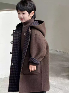 男童毛呢外套冬洋气儿童加厚中长款女中大童呢子大衣撞色韩版夹棉