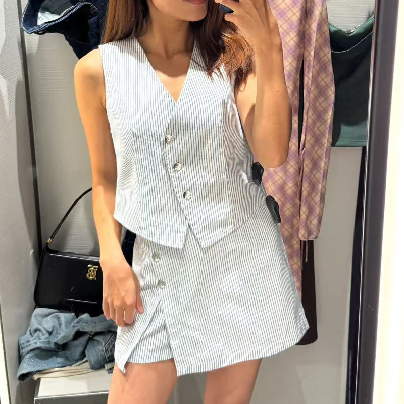 专柜同款 夏季新品女装条纹印花V领背心马甲2949025 裙裤 2949026