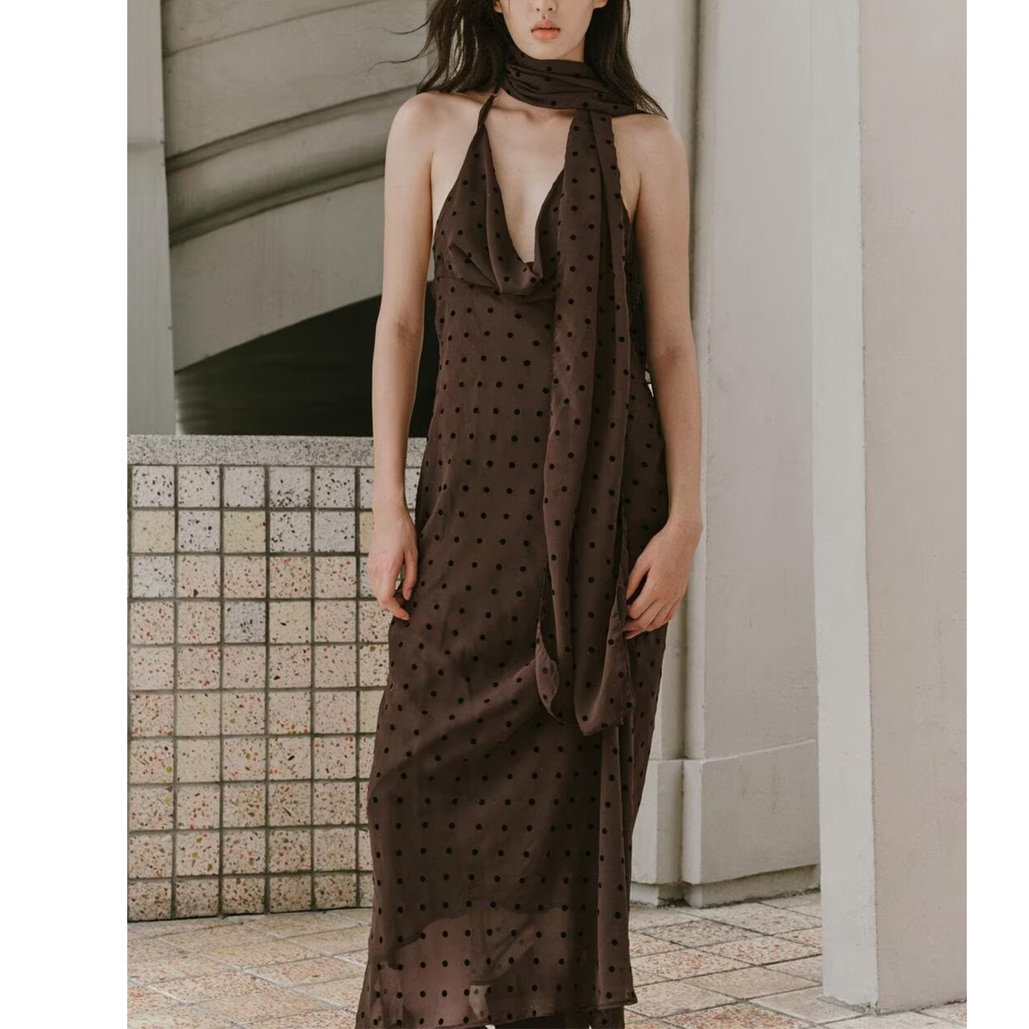 波点围巾长连衣裙3067232700