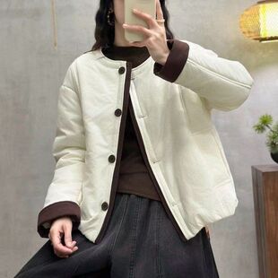 轻柔夹棉棉服外套女小个子棉袄2025秋冬韩版无领百搭休闲上衣棉衣
