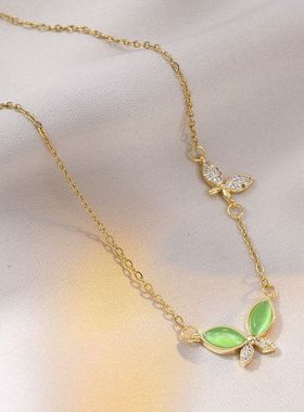 钛钢项链女 猫眼石蝴蝶韩式新款镀18K金项链镶钻吊坠锁骨链项饰品