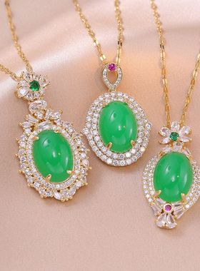 项链女复古风网红祖母绿锆石小众新款设计感吊坠气质时尚钛钢项链