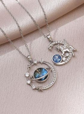 项链女跨境网红星球锆石月亮小众新款设计感吊坠气质钛钢项链饰品