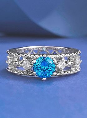 辉之翼珠宝S925银日常轻奢款一克拉海蓝钻烟花切戒指女时尚百搭款