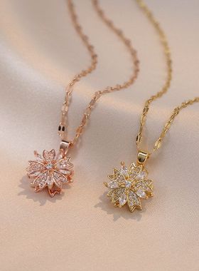 项链女网红跨境旋转锆石花朵小众时尚新款设计感吊坠气质钛钢项链