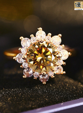 直播锆石微镶太阳花两克拉戒指香槟金色女士时尚开口指环