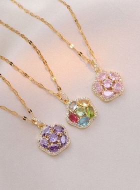 项链女 日韩风七彩锆石花朵小众新款设计感吊坠气质时尚钛钢项链