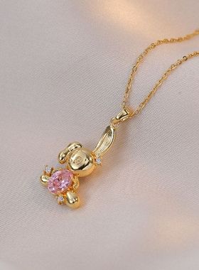 项链女网红兔子锆石花朵小众时尚新款设计感吊坠气质套装钛钢项链