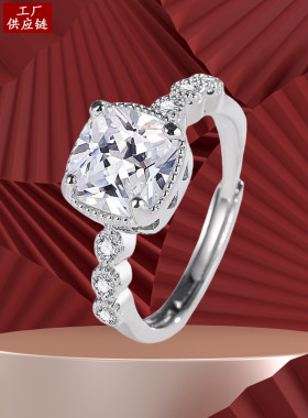 欧美跨境新款亚马逊锆石活口女个性奢华满钻方糖戒指婚庆直播