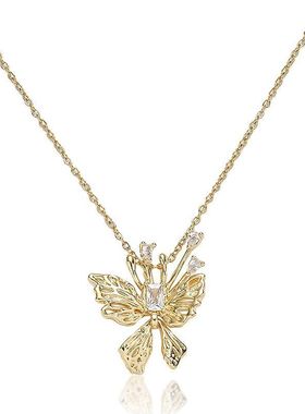 项链女 网红时尚跨境风蝴蝶锆石小众新款设计感吊坠气质钛钢项链