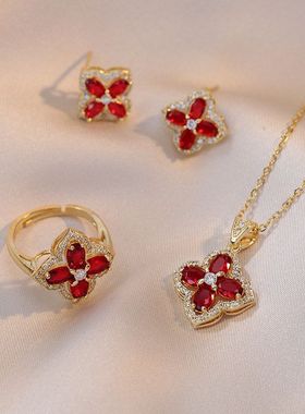 项链女网红四叶花锆石花朵小众时尚新款设计吊坠气质套装钛钢项链