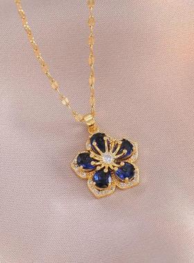 项链女 网红蓝色锆石花朵小众日韩风新款设计感吊坠气质钛钢项链