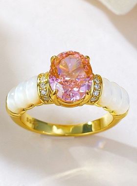 辉之翼珠宝 直播款S925银白贝母镶嵌7*9帕帕拉恰高碳钻冰花切戒指