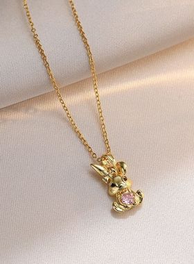 钛钢项链女 日韩风简约ins时尚耳环风兔子锆石套装锁骨链女