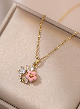 项链女网红心花怒放锆石花朵小众时尚新款设计感吊坠气质钛钢项链