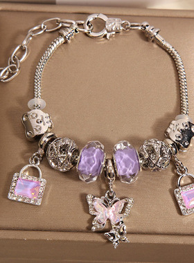 潘家风格手链女网红森系小众轻奢紫色琉璃珠可爱蝴蝶吊坠手串手环