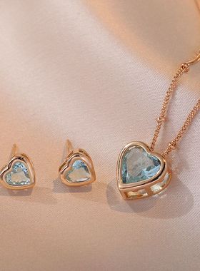 项链女网红爱心锆石小众时尚新款设计感吊坠气质心形套装钛钢项链