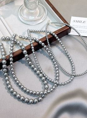 项链女 日韩风施家S925银珍珠项链麻灰色新款小众设计颈链配饰