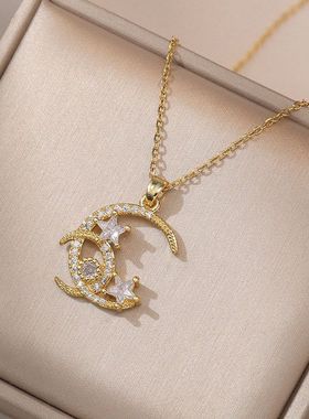 项链女 网红星月锆石几何小众时尚新款设计感吊坠气质钛钢锁骨链