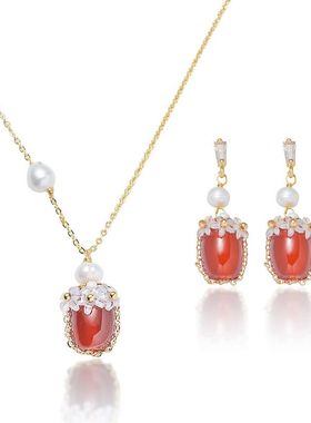 项链女简约天然红色玛瑙淡水珍珠花朵项链复古套装时尚气质锁骨链