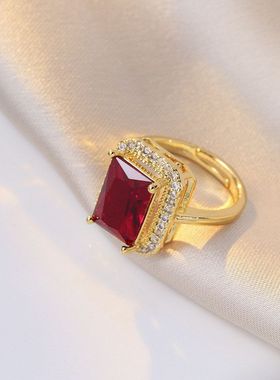 戒指女 跨境红色锆石开口戒指甜美小众设计食指戒网红可调节指