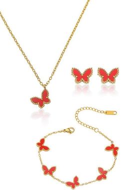 项链女欧美新品时尚简约红色蝴蝶气质耳环手镯不锈钢套装跨境项链