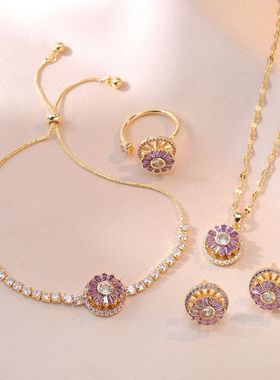 项链女 ins潮抖音三件套旋转耳环戒指钛钢项链时尚微镶锆石锁骨链