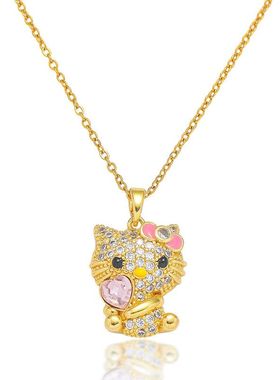 项链女网红猫咪粉色锆石小众卡通新款设计感吊坠气质满钻钛钢项链