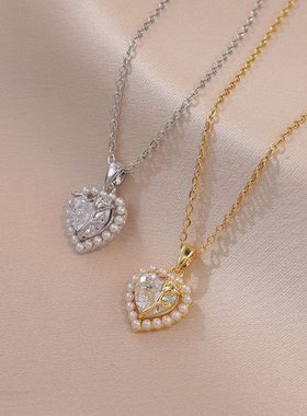 项链女网红爱心珍珠锆石花朵小众时尚新款设计感吊坠气质钛钢项链