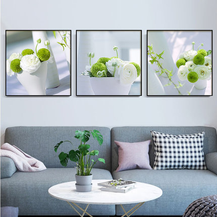 餐厅装饰画小清新花卉植物沙发背景墙挂画现代简约正方形三联壁画