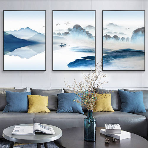 客厅装饰画中国风山水三联画