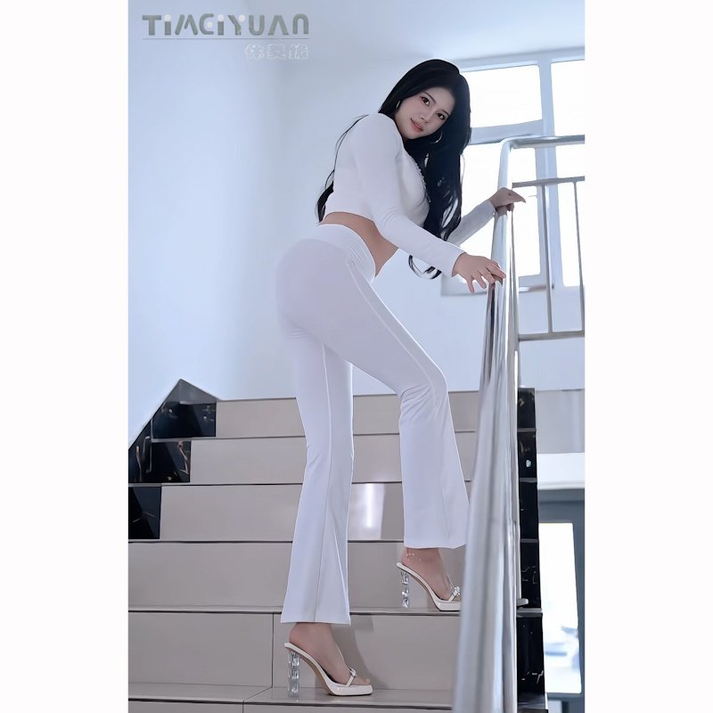 白色高腰性感蜜桃臀微喇裤女显瘦显腿长莱卡面料瑜伽长裤休闲风