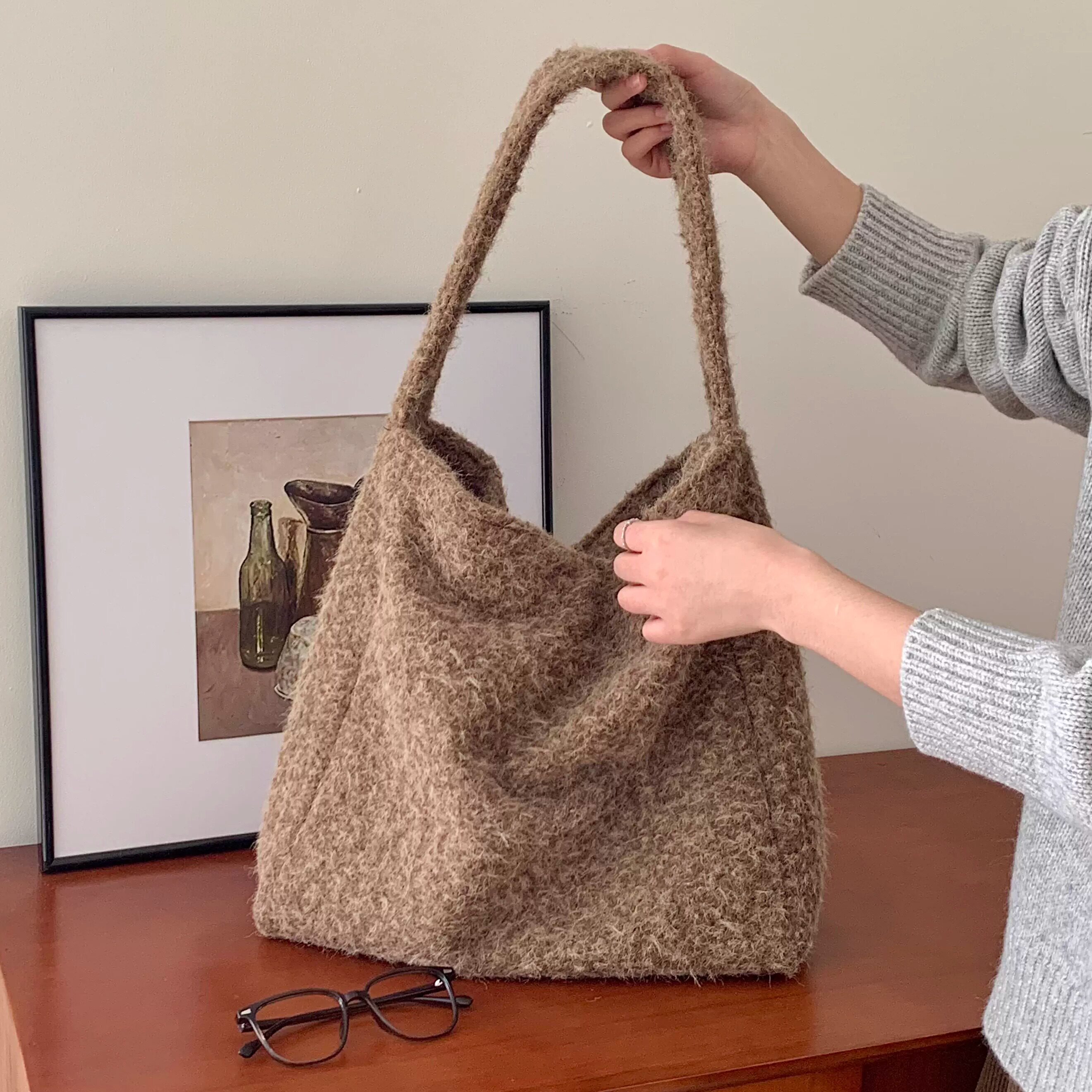 韩版慵懒风毛呢绒单肩包女学生大容量通勤百搭托特包2025新款