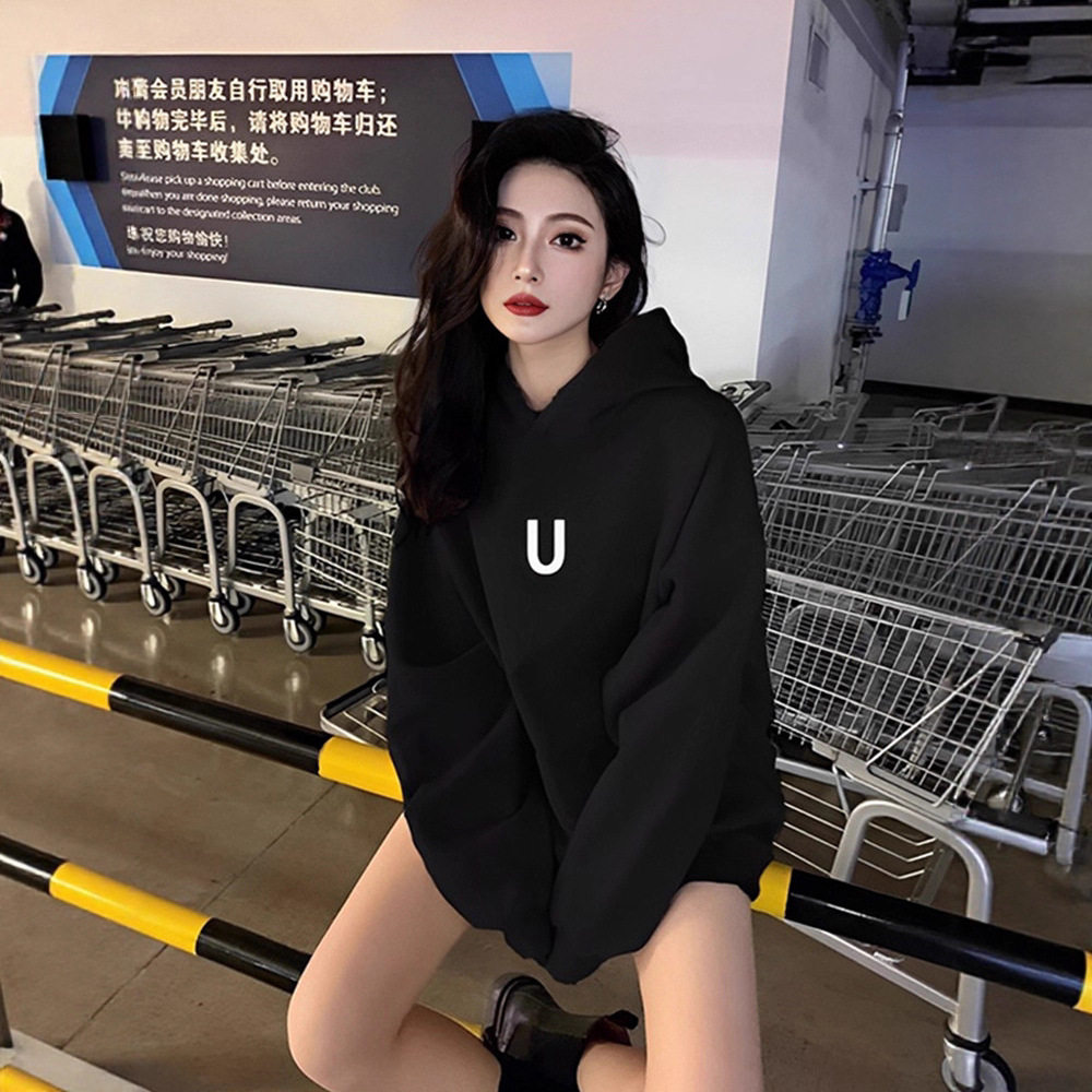 黑色连帽加绒卫衣外套女款秋季2025新款衣服潮牌韩系中长款上衣