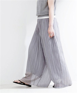 雪纺阔腿裤 日系外贸百褶裙裤 松紧腰宽松长裤 日本原单春夏女薄款