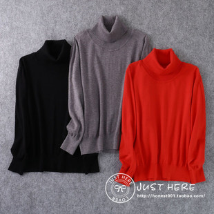 日单本命年红色2024秋女式高翻领针织打底衫外贸原单直筒磨绒毛衣