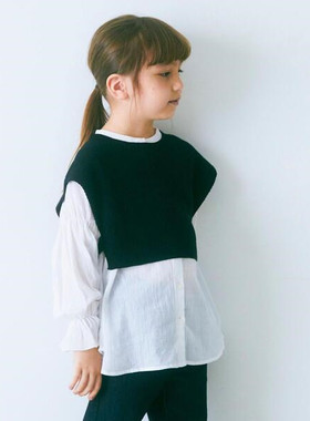 日本童装春秋女童白色纯棉喇叭袖打底衫外贸原单圆领皱褶衬衫