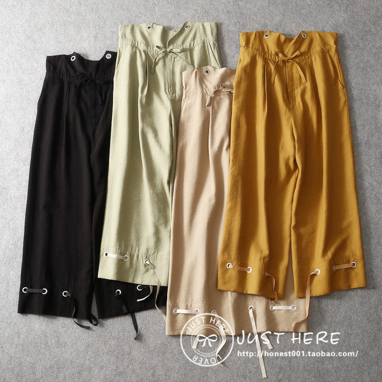 日本原单贵牌春秋高腰蝴蝶结系带阔腿裤日系哈伦背带裤报纸裤