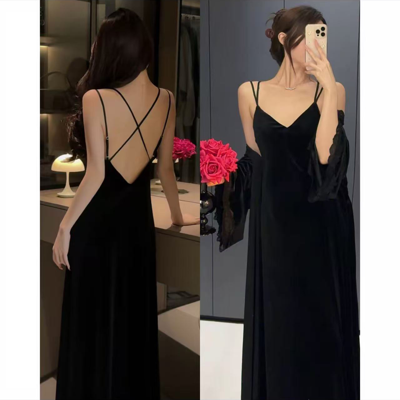 法式性感露背长款带胸垫吊带睡衣