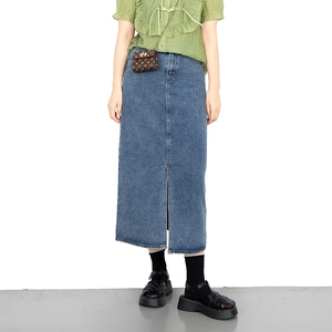 赫宁大码半身裙女2023夏季新款微胖mm高腰遮肚子中长款开叉牛仔裙