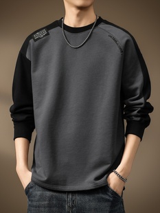 高底美国对比色420克拉格重量级长袖男士t恤春秋季宽松棉底上衣男