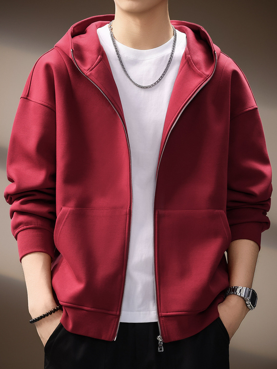 高端日系覆古480g重磅连帽卫衣外套男秋季简约舒适宽松休闲夹克男