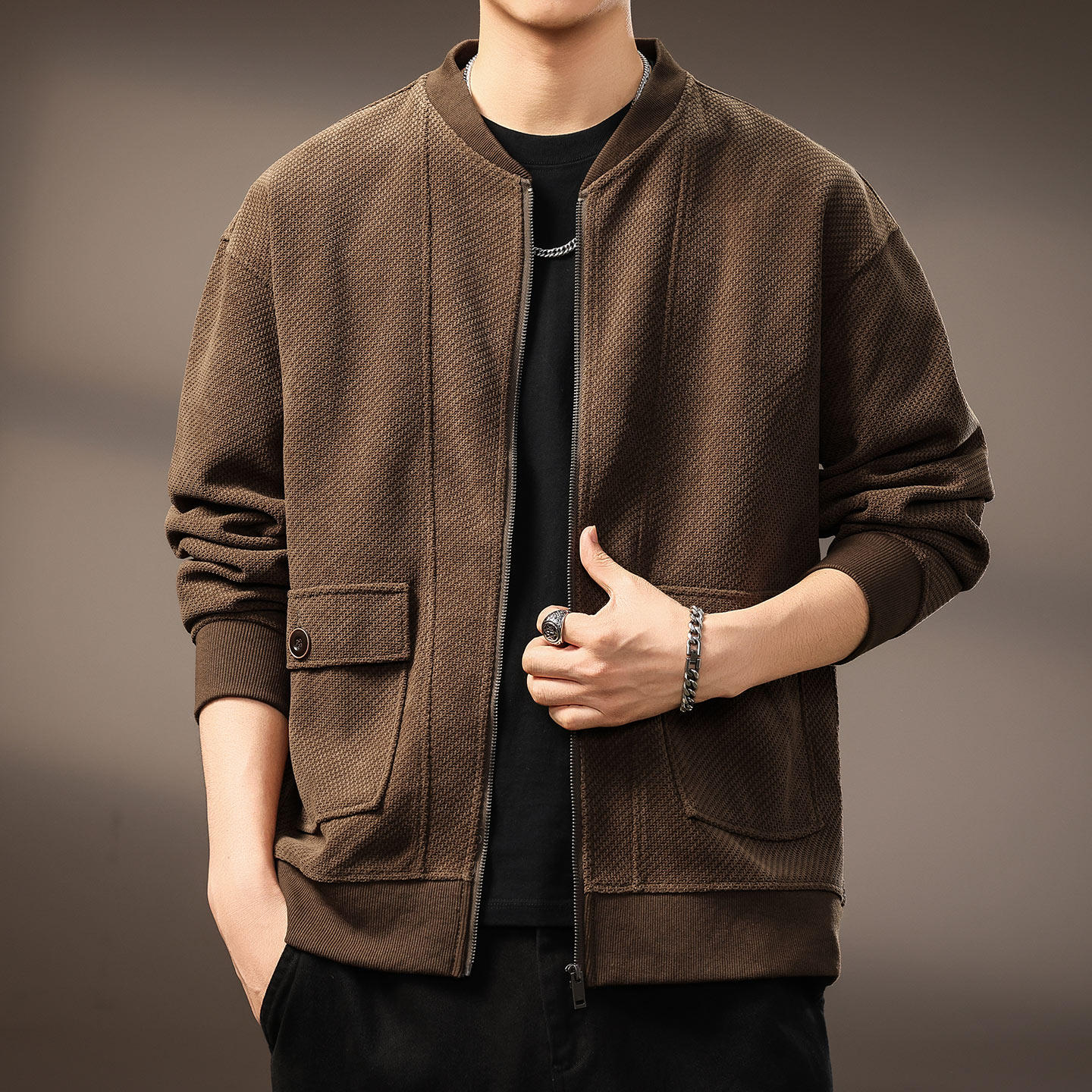 高端美式复古开衫欧棉绒立领夹克男士2025秋季新款宽松棒球领外套,男装,夹克,淘宝优惠券,粉丝福利购,淘宝优惠卷