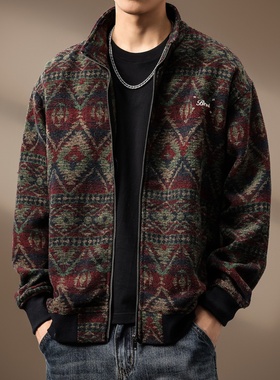 高端民族风羊毛针织外套男士春秋宽松大码560g重磅复古开衫毛衣潮