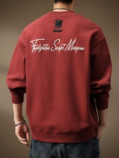 高端360g重磅圆领卫衣男潮牌宽松大码 春秋印花上衣砖红色套头长袖