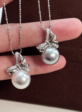 s925纯银蝴蝶结澳白珍珠吊坠项链